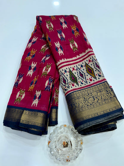 Semi Maheshwari Silk Saree with Zari Border & Ikat Style Weaving for Women