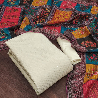 Unstitched Chanderi Dress Material with Crochet Work, Micro Fabric Bottom and Chanderi Digital Print Dupatta