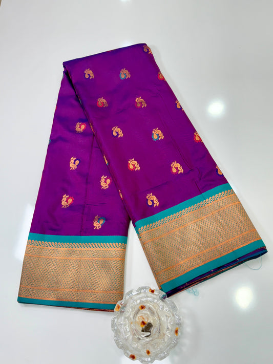 Paithani Soft Silk Saree with Zari Weaving and Contrast Blouse