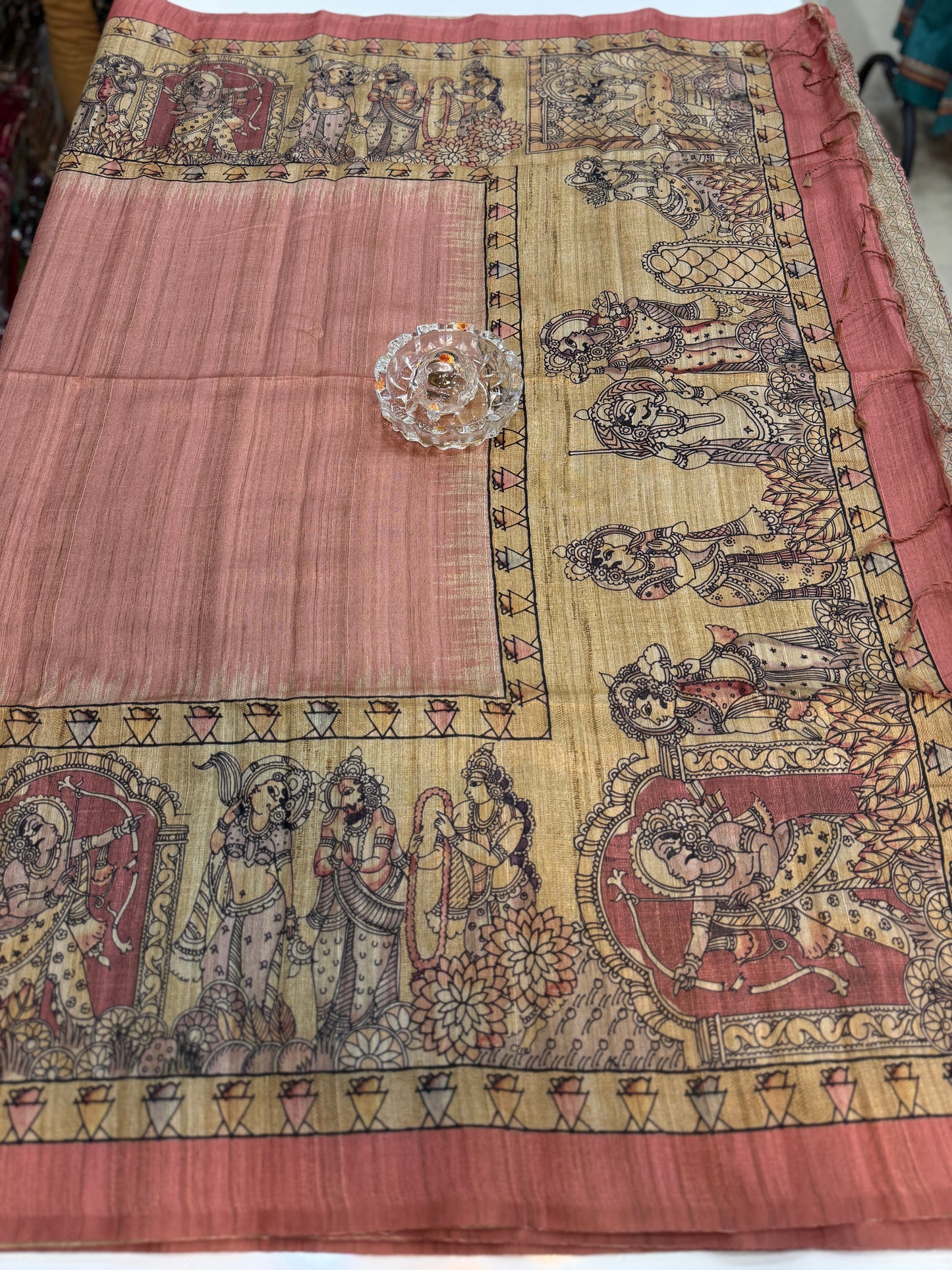 Spider Silk Saree with Folk Art Print Border and Tassel Pallu