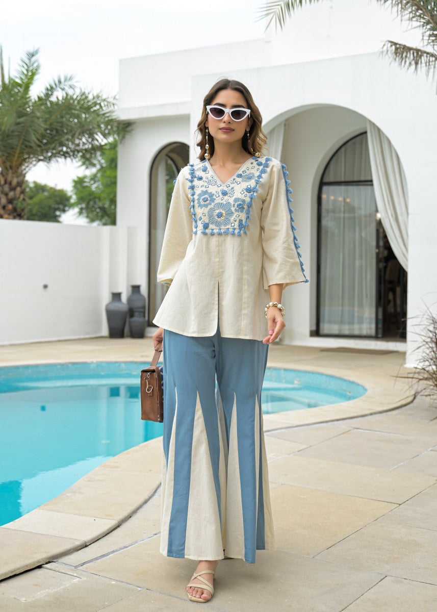 Cotton Embroidered Co-Ord Set with Flared Pants – Women’s Ethnic Fusion Wear (Sizes M–XXL)