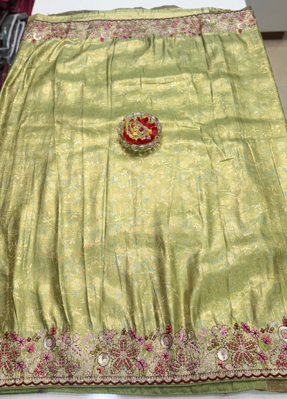Tissue Silk Saree with Embroidery, Sequin, and Mirror Work Border – Festive Saree for Women