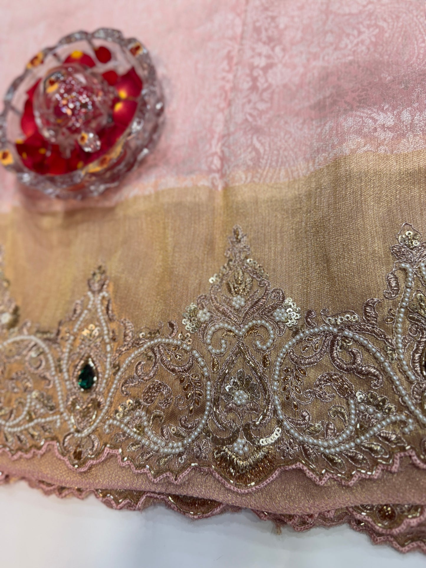 Pink Pure Ziraf Silk Saree with Jari, Moti, Cut Dana & Emerald Heavy Work – Bridal Designer Saree for Women