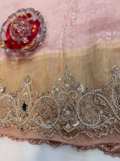 Pink Pure Ziraf Silk Saree with Jari, Moti, Cut Dana & Emerald Heavy Work – Bridal Designer Saree for Women