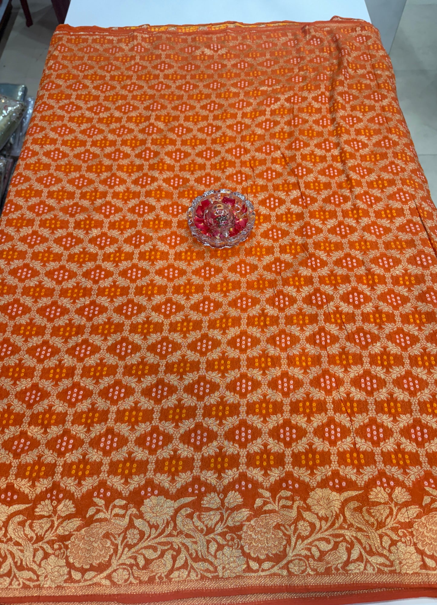 Pure Kaddi Georgette Zari Weaving Saree in Rust-Orange with Bandhani-Inspired Pattern and Antique Gold Border – Festive & Wedding Wear for Women