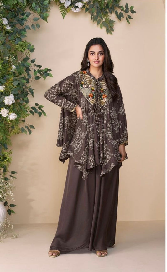 Premium Real Chinon Silk Poncho Style Embroidered Top with Palazzo – Free Size Stitched