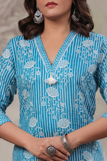 Pure Cotton Printed Kurta Pant Set for Women – Blue Daily Wear Suit Set, Sizes 38–46