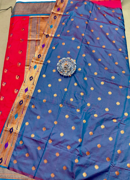 Paithani Soft Silk Saree with Zari Weaving and Contrast Blouse