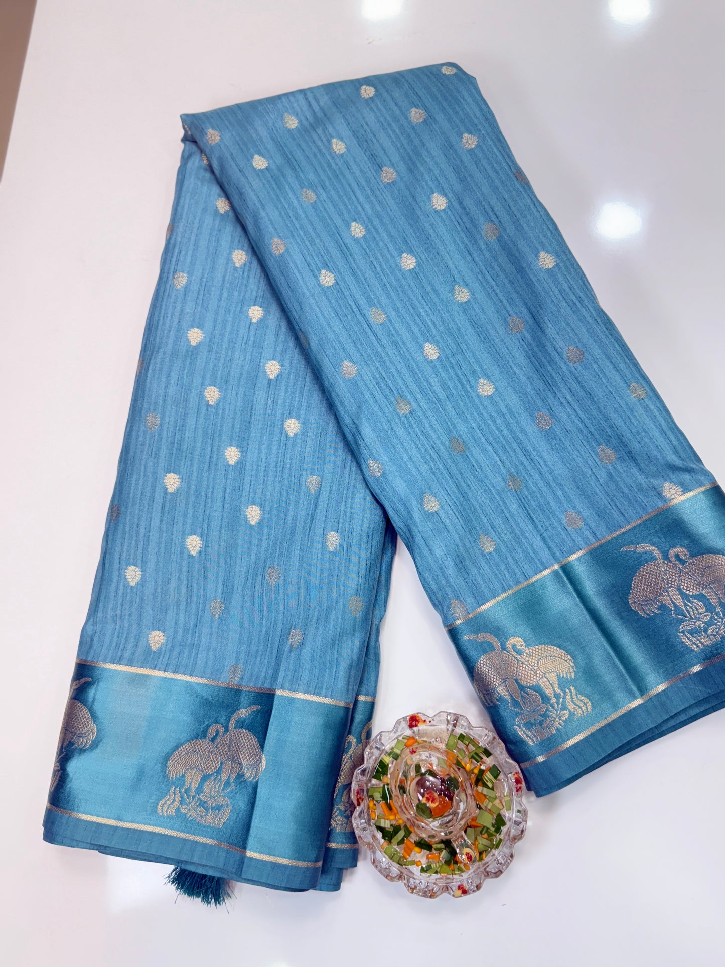 Tussar silk saree with satin border and zari woven motifs for women