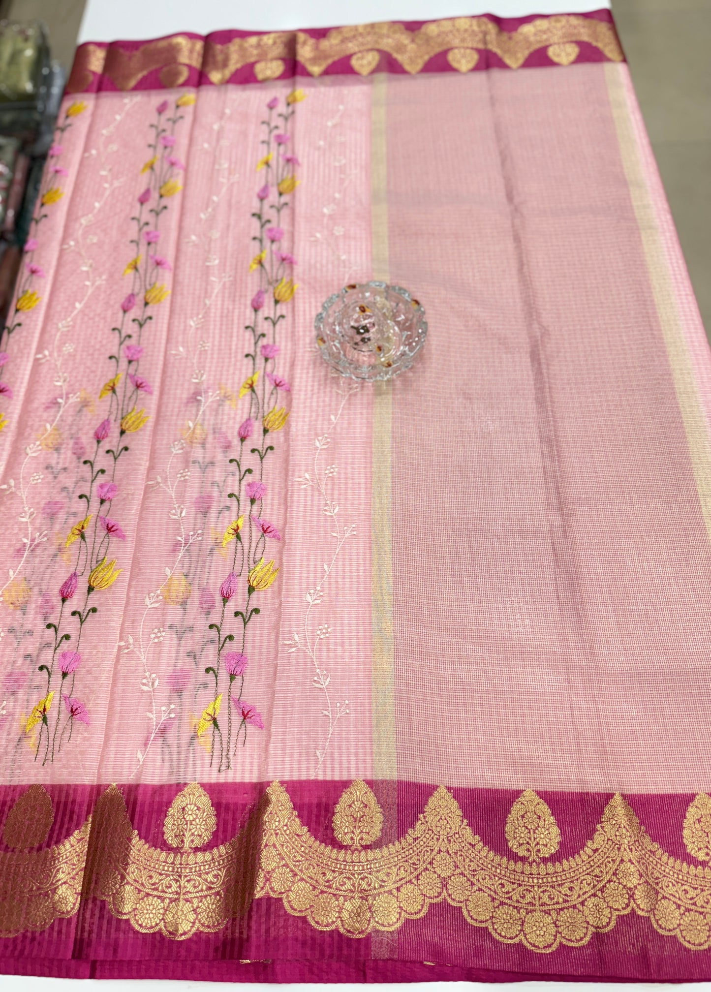 Banarasi handloom Kota check saree with mina embroidery, scalloped border and zari chit pallu