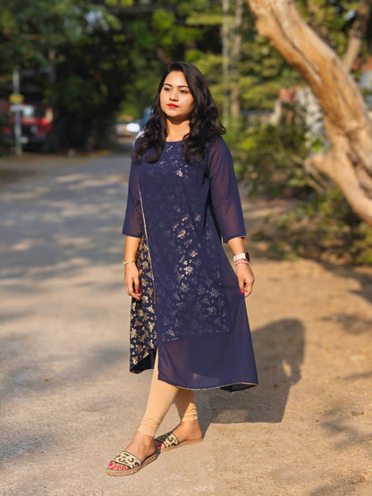 Navy Blue American Crepe Foil A-Line Kurta 4367