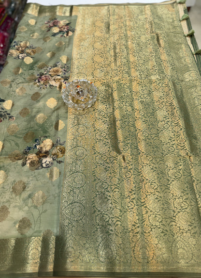 Bamboo Silk Floral Printed Saree with Rich Decorative Pallu, All Over Rich Butti Weaving