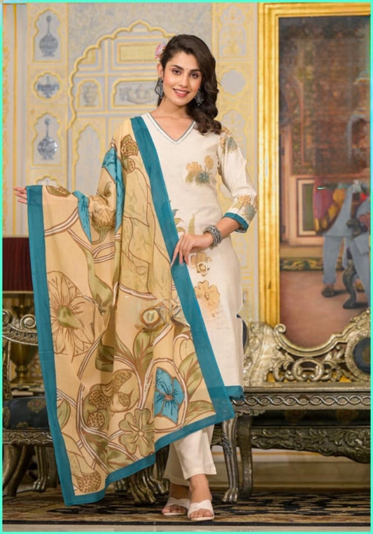 Cotton Flex Block Print Suit Set for Women with Kantha Stitch Embroidery and Dupatta