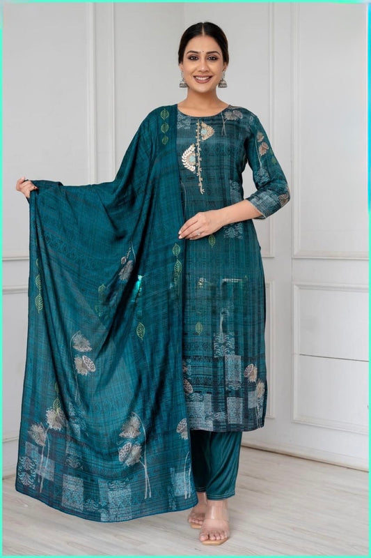 Crepe Kurta Pant Dupatta Set with Digital Print, Handwork Neck, and Kantha Stitch Detailing – Sizes 38 to 46
