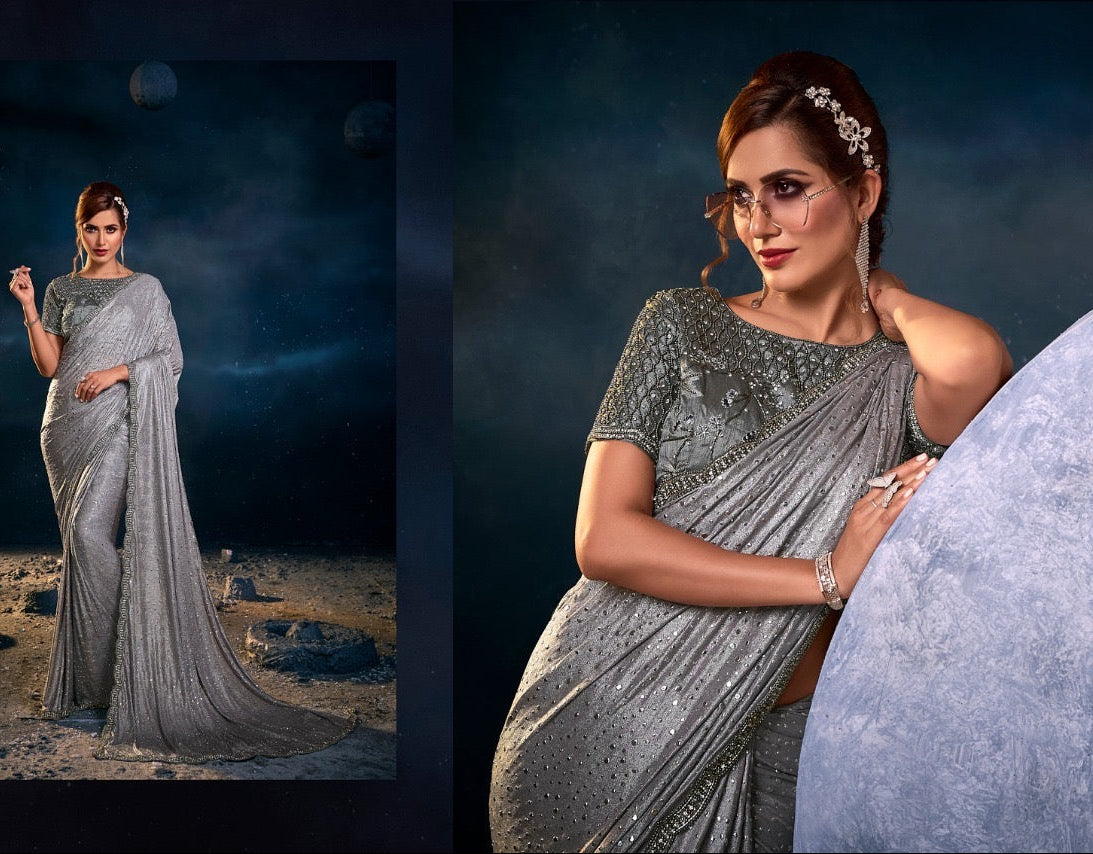 Silver Grey Sequin Saree for Women – Fancy Designer Fabric with Diamond Stone Border and Matching Blouse