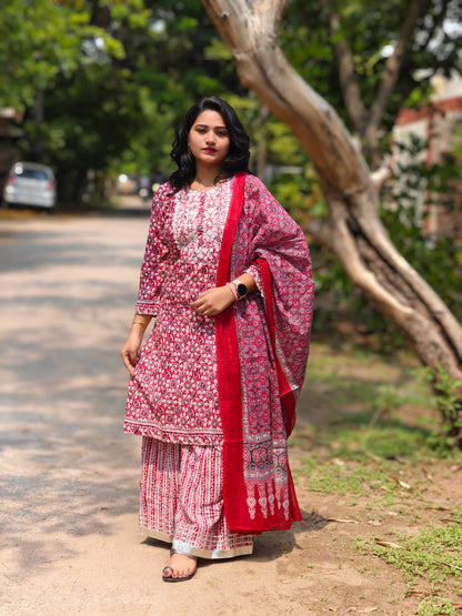 Royal Jaipuri Charm: Kurti, Sharara, Dupatta Set for Timeless Elegance