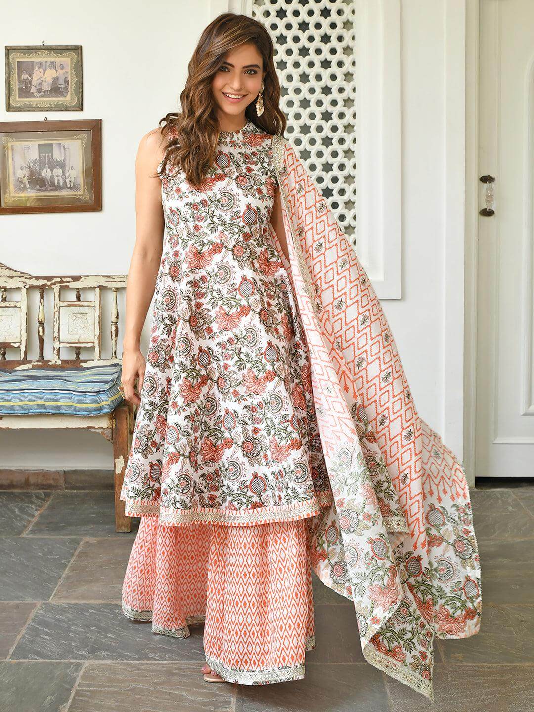 White and Orange Cotton Floral Hand Block Printed Sharara Kurta Dupatta Set with Lace Detailing for Women