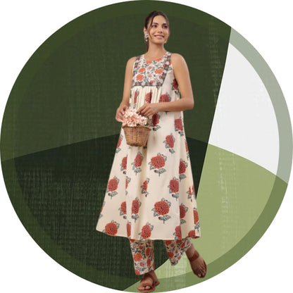 Cream Cotton Floral Gathered Kurta Set