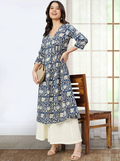 Navy Blue Pure Cotton Floral Printed Flared Kurta for Women with V-Neck – M to 2XL