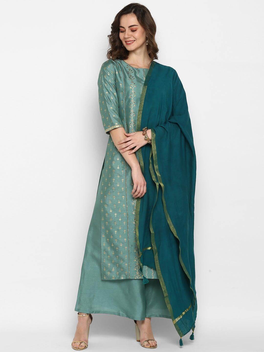 Light Green Poly Silk Floral Print Kurta With Palazzo And Dupatta 0013