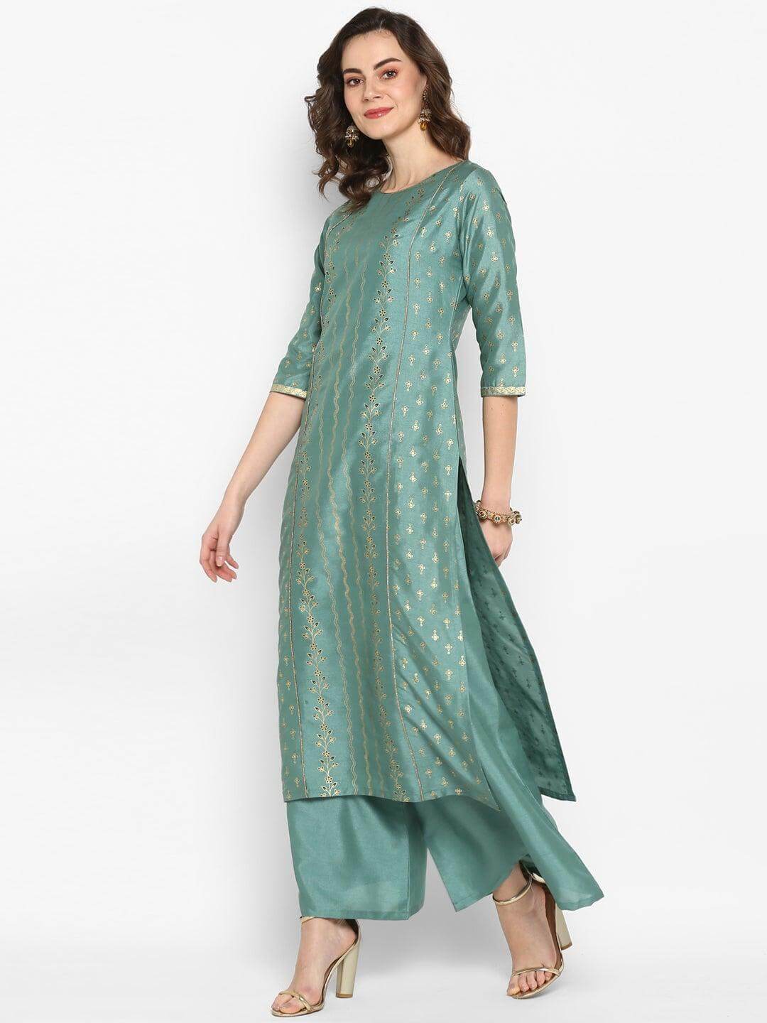 Light Green Poly Silk Floral Print Kurta With Palazzo And Dupatta 0013