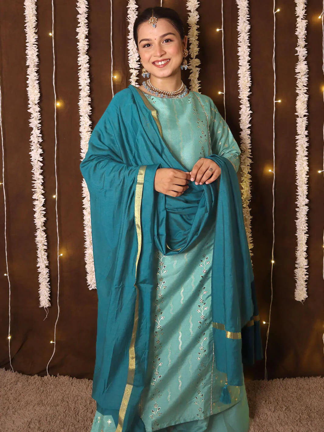 Light Green Poly Silk Floral Print Kurta With Palazzo And Dupatta 0013