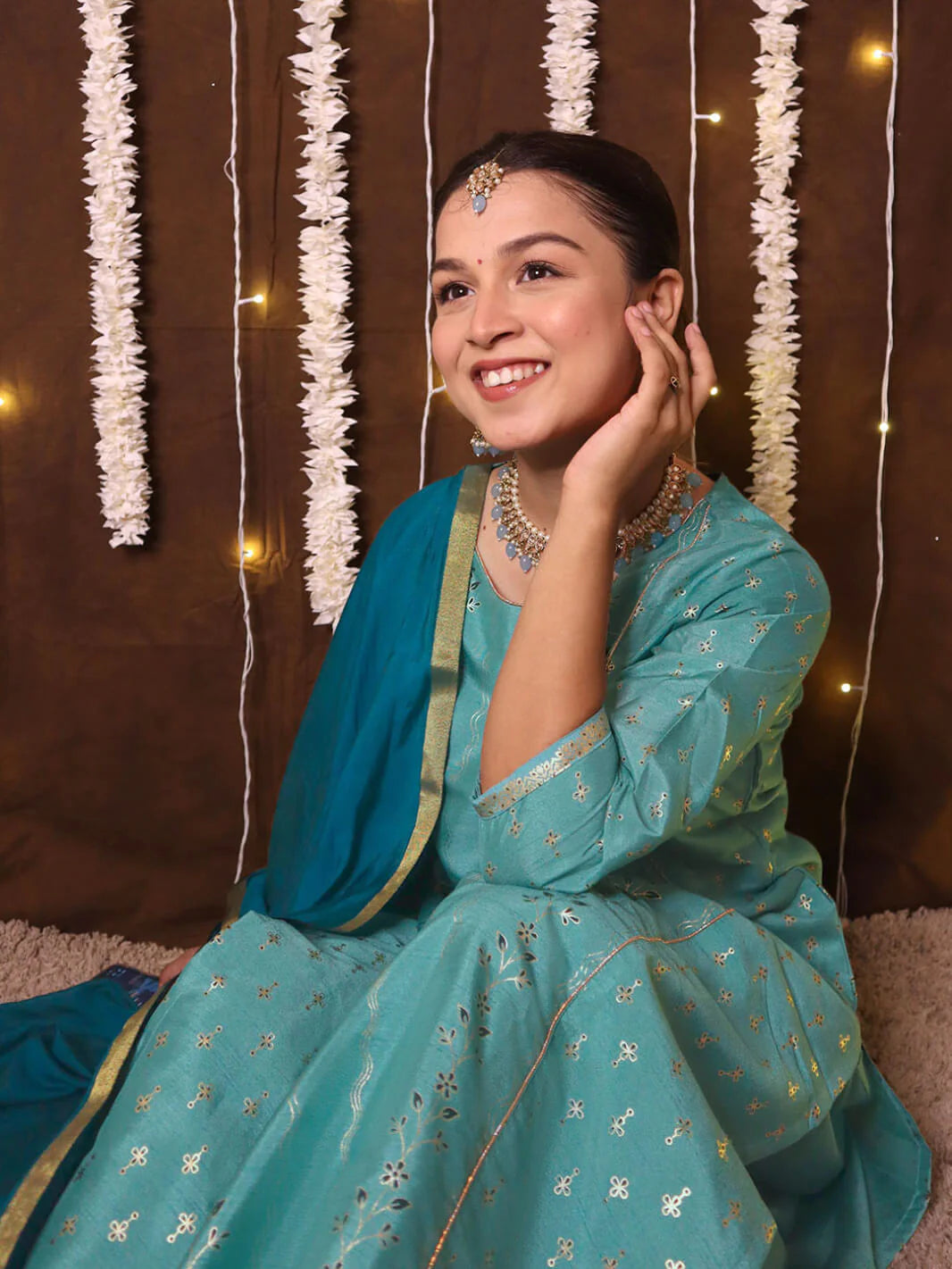 Light Green Poly Silk Floral Print Kurta With Palazzo And Dupatta 0013