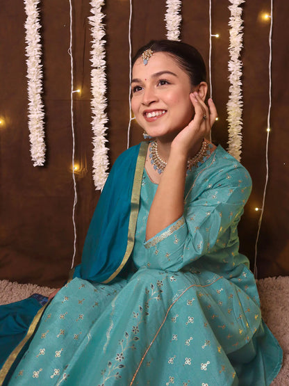 Light Green Poly Silk Floral Print Kurta With Palazzo And Dupatta 0013