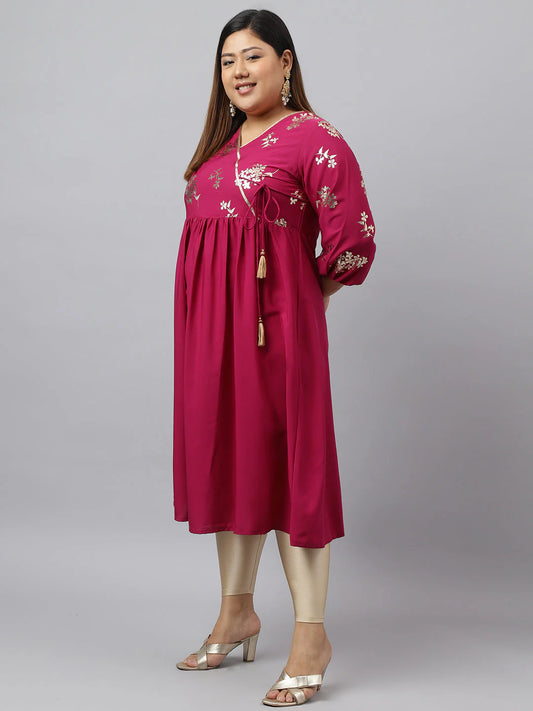 Magenta Poly Crepe Foil Floral Print Angrakha Kurta