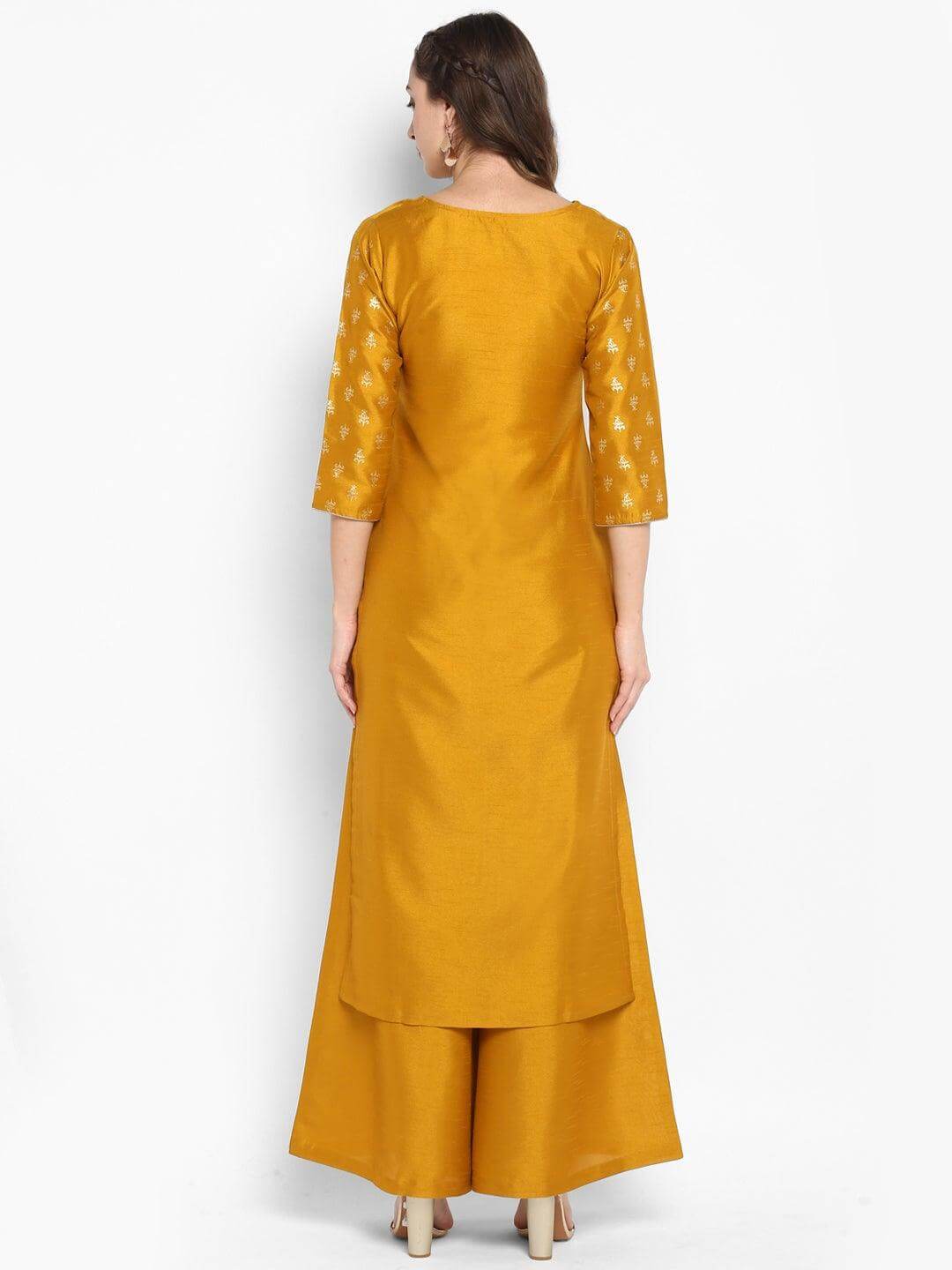 Mustard Poly Silk Kurta Palazzo Set for Women with Foil Print Yoke – Festive Wear Ensemble
