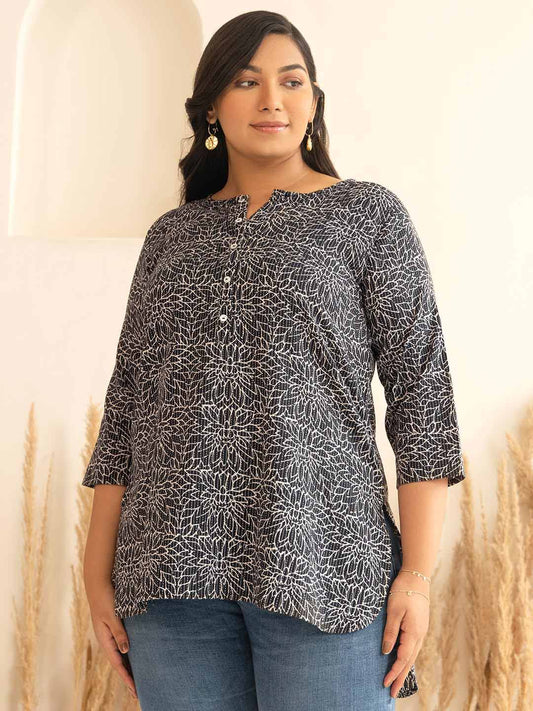 Plus Size Black Cotton Floral Regular Top