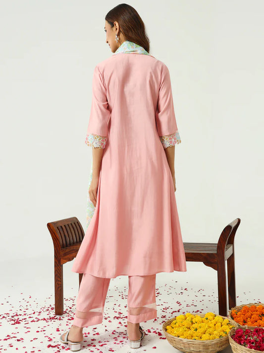 Women’s peach viscose Chanderi A-line kurta pant dupatta set with floral embroidery – festive wear