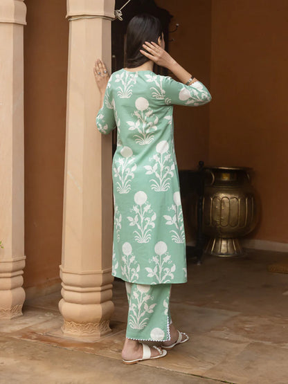 Pista Green Cotton Flared Kurta Set