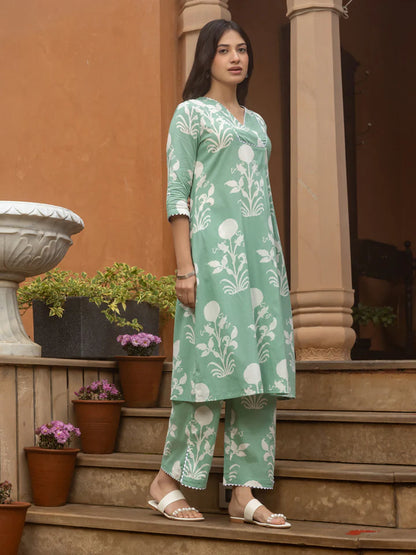 Pista Green Cotton Flared Kurta Set