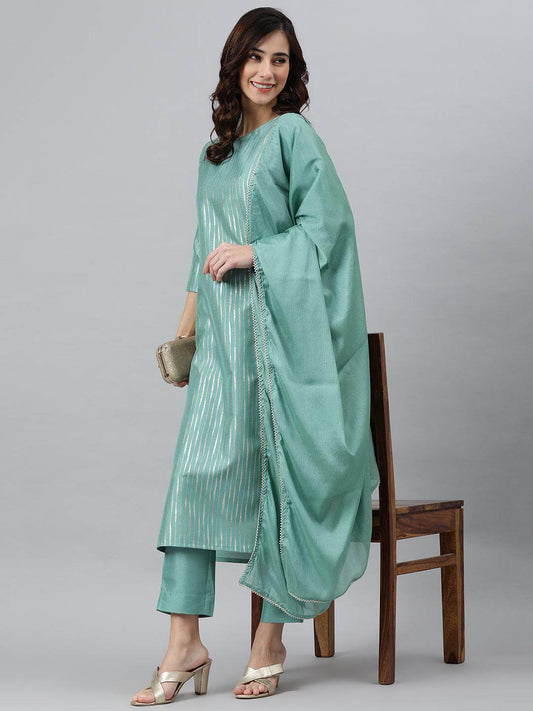 Green Silk Kurta Pant Dupatta Set with Foil Print Detailing for Women – Sizes M to 2XL