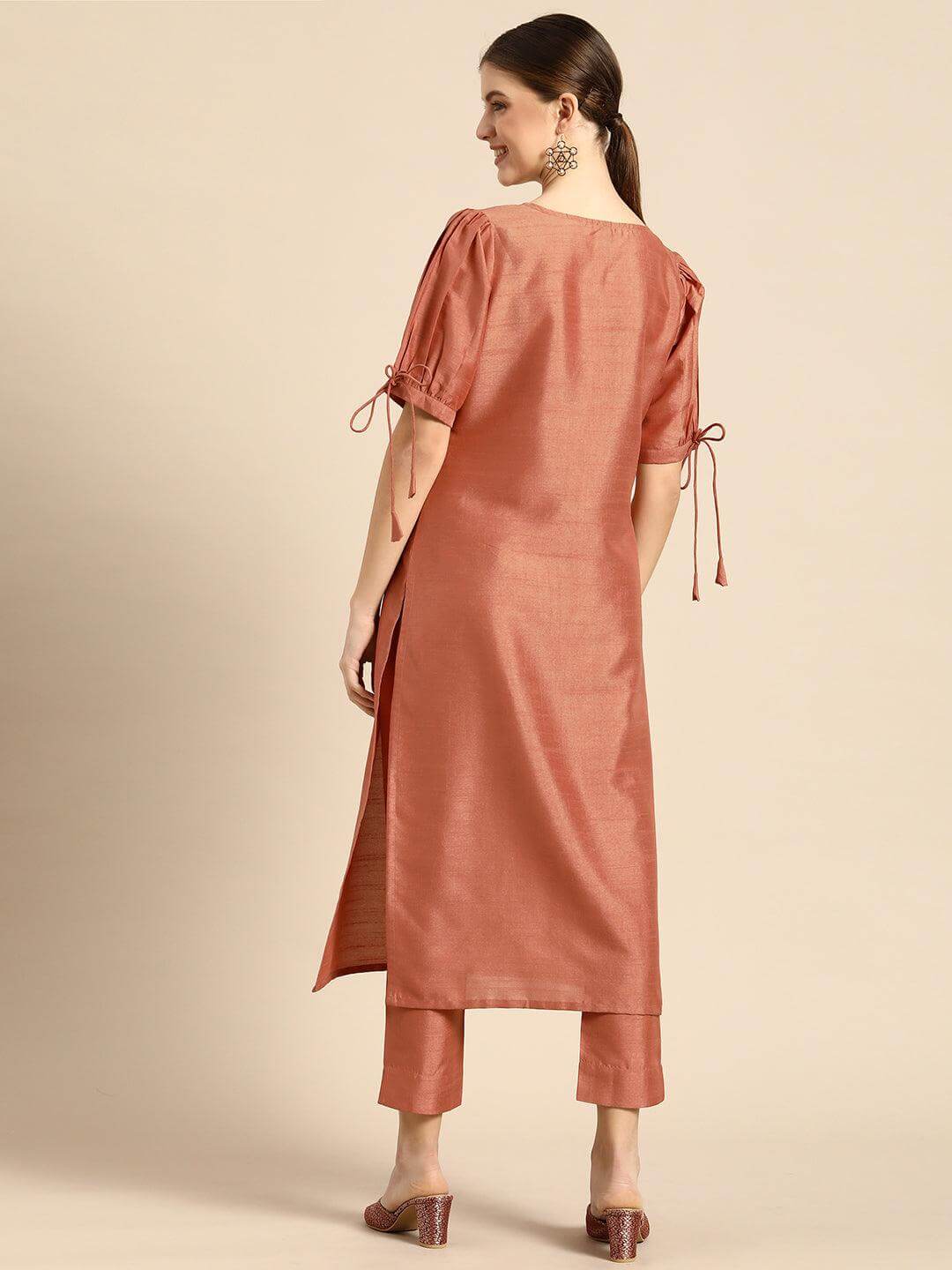 Rust Brown Silk Embellished Kurta Pant Co-ord Set for Women – Festive Wear Straight Fit