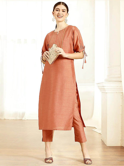 Rust Brown Silk Embellished Kurta Pant Co-ord Set for Women – Festive Wear Straight Fit