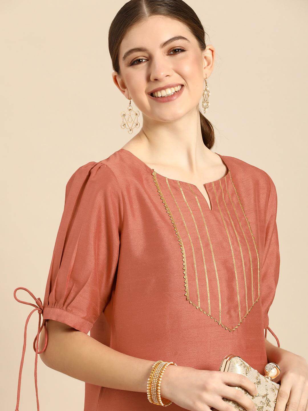 Rust Brown Silk Embellished Kurta Pant Co-ord Set for Women – Festive Wear Straight Fit