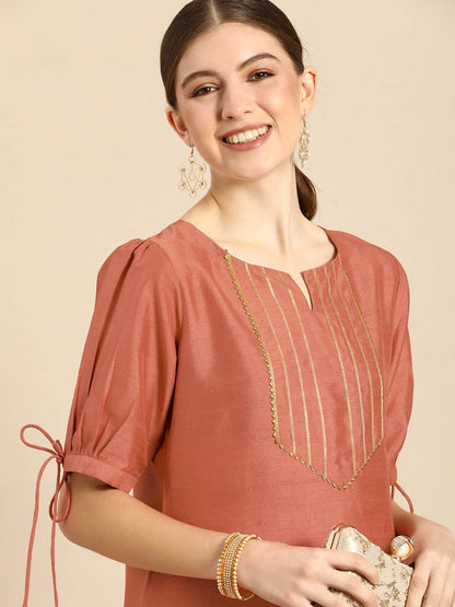 Rust Brown Silk Embellished Kurta Pant Co-ord Set for Women – Festive Wear Straight Fit