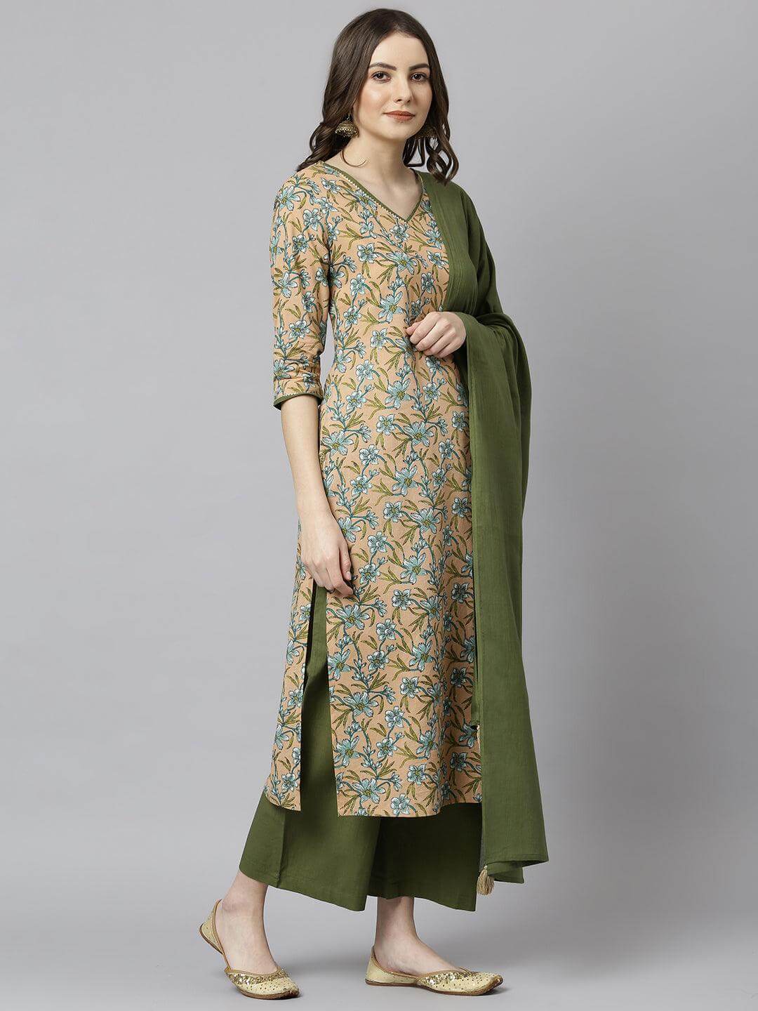 PEACH COTTON KURTI PALAZZO DUPATTA SET JAC398