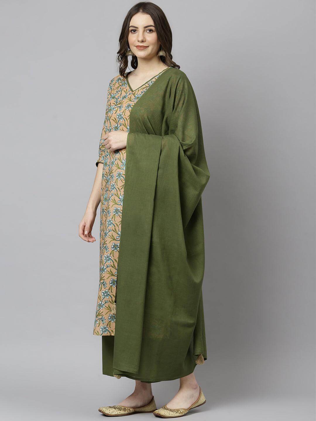 PEACH COTTON KURTI PALAZZO DUPATTA SET JAC398