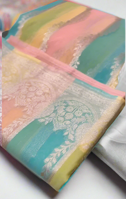 Banarasi handloom kora organza rankaat saree with allover zari stripe weaving and blouse piece