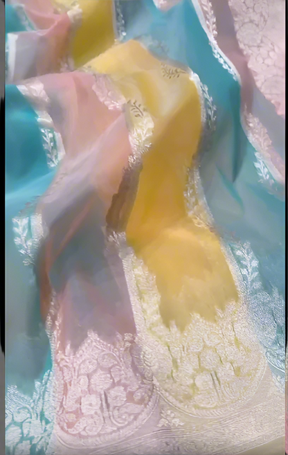 Banarasi handloom kora organza rankaat saree with allover zari stripe weaving and blouse piece