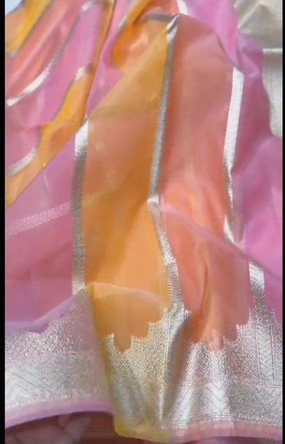 Banarasi handloom kora organza rankaat saree with allover zari stripe weaving and blouse piece