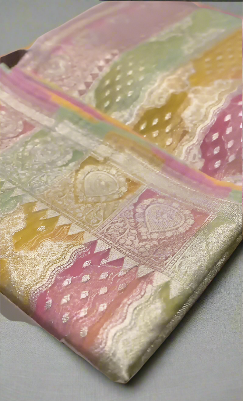 Banarasi handloom kora organza rankaat saree with allover zari stripe weaving and blouse piece