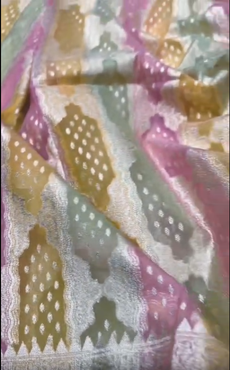Banarasi handloom kora organza rankaat saree with allover zari stripe weaving and blouse piece