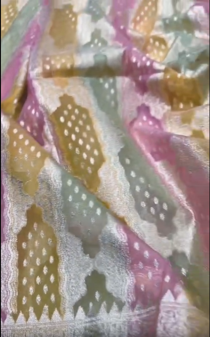 Banarasi handloom kora organza rankaat saree with allover zari stripe weaving and blouse piece