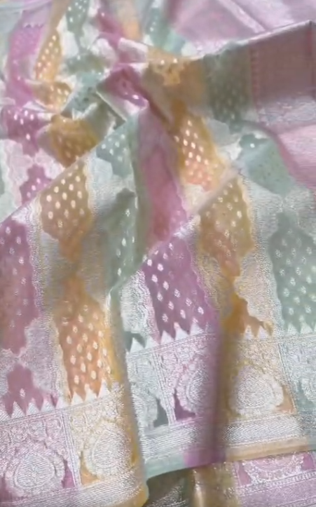 Banarasi handloom kora organza rankaat saree with allover zari stripe weaving and blouse piece