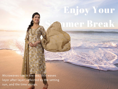 Beige Viscose Geometric Regular Kurta Set