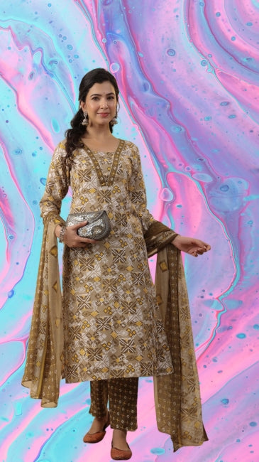 Beige Viscose Geometric Regular Kurta Set